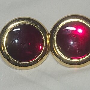 VTG Yves Saint Laurent YSL Signed Gold Tone Red Glass Cabochon Clip-On Earrings